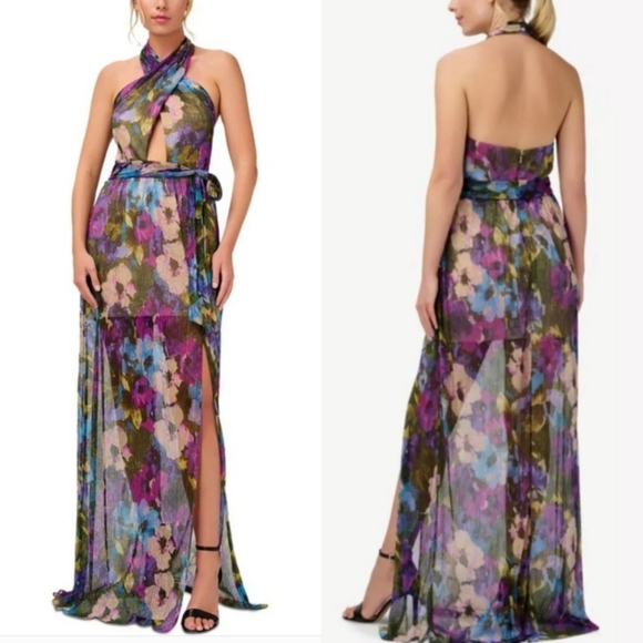 🔥Aidan Mattox Crinkle Mesh Floral Printed Halter Metallic Dress  - Picture 1 of 17